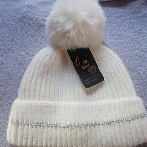 White Beanie with Pom Pom and Rhinestone Detail